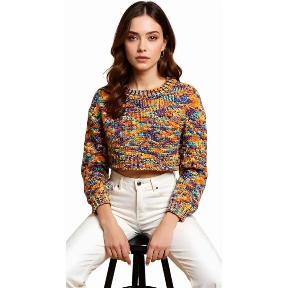 Storia Women's Multicolor Knit Crop Sweater Size S Long Sleeve Pullover - Picture 2 of 5